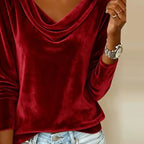 Women's Velvet Top with Draped V Neck and Long Sleeves — Allyours Closet (view 9)